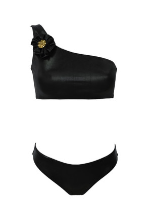 Two-piece swimsuit in black with one shoulder